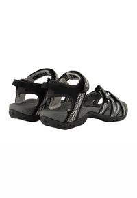 Black and gray sandals with a textured strap design, adjustable heel closure, and a solid rubber sole, suitable for outdoor use.