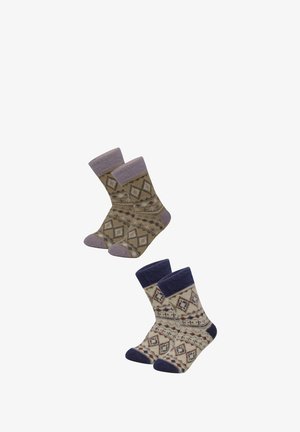 Two pairs of patterned socks. One pair is brown with diamond motifs and purple cuffs; the other is cream with blue accents and red details.