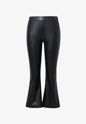 Schwarze Kunstleder-Hosent mit weitem Schlag, elastischem Bund, glatter Textur und figurbetontem Schnitt, der am Knie schmal zuläuft und am Saum ausgestellt ist.