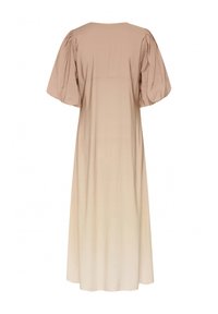 Beige midi-mekko, jossa on puffihihat, pyöreä kaula-aukko ja sävyero vaaleasta beigestä tummempiin sävyihin. Sujuva, kevyt kangas.