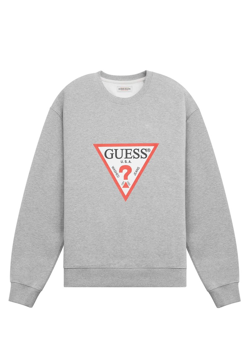 Felpa grigia in cotone, con un grande logo triangolare rosso che riporta "GUESS U.S.A." e ulteriore testo all'interno del triangolo.