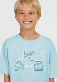 Ljusblå t-shirt i bomull med en grafisk design i mörkare blått och vitt. Formen är avslappnad passform med korta ärmar och rundad halsringning.