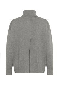 Gray turtleneck sweater with dropped shoulders and back split detail. Soft, textured fabric with ribbed cuffs and hem.