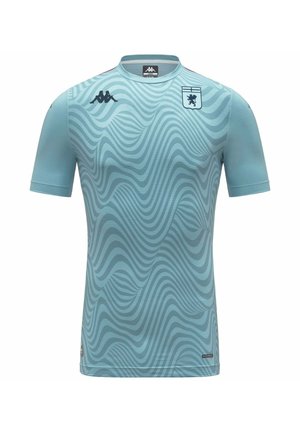 T-shirt de sport bleu clair à manches courtes avec motif ondulé, logos noirs sur la poitrine et col rond.