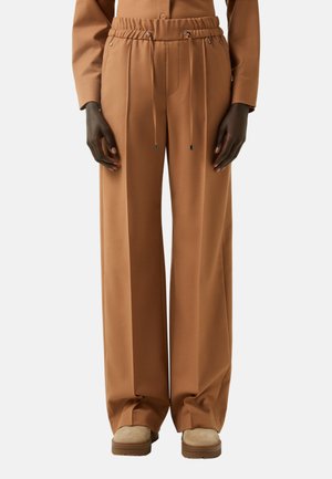 Wide-leg trousers in a brown, lightweight fabric. Features an elastic waistband with drawstrings and front pockets. Smooth texture.