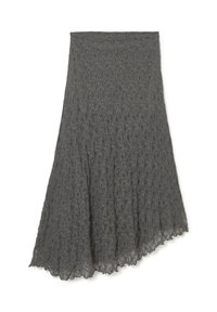 Falda de encaje gris con un dobladillo asimétrico. Presenta un patrón floral texturizado y una cinturilla ajustada para un diseño fluido.