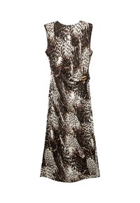 Ärmelloses Kleid mit einem braun-elfenbeinfarbenen Leopardenmuster, das an der Taille mit einem goldfarbenen Schnallen-Detail gerafft ist und bis zur Mitte der Wade fällt.