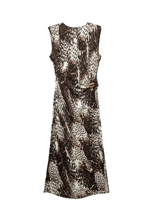Vestido sin mangas con un estampado de leopardo en tonos marrón y crema, ceñido a la cintura con un detalle de hebilla dorada, que cae hasta la mitad de la pantorrilla.