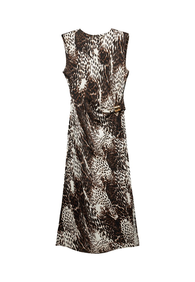 Ärmelloses Kleid mit einem braun-elfenbeinfarbenen Leopardenmuster, das an der Taille mit einem goldfarbenen Schnallen-Detail gerafft ist und bis zur Mitte der Wade fällt.