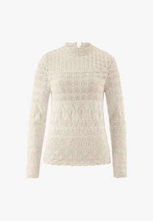 Langärmliger, cremefarbener Strickpullover mit filigranen geometrischen und floralen Mustern, gewelltem Saum und hohem Ausschnitt mit kleinem Schlitz.