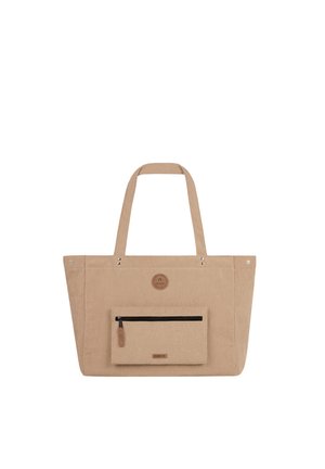 Beige corduroy tote bag with long handles and a front zippered pocket, featuring a small round brand patch above the pocket.