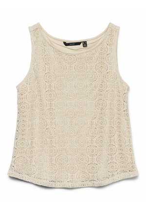 Spitzen-Top in hellem Beige, mit rundem Ausschnitt und aufwändigen kreisförmigen Mustern, in lockerer und atmungsaktiver Textur.
