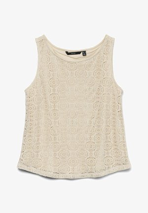 Spitzen-Top in hellem Beige, mit rundem Ausschnitt und aufwändigen kreisförmigen Mustern, in lockerer und atmungsaktiver Textur.