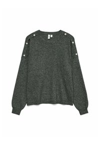 Maglione grigio scuro realizzato in un morbido tessuto a maglia, con maniche lunghe, scollatura rotonda e bottoni decorativi sulle cuciture delle spalle.