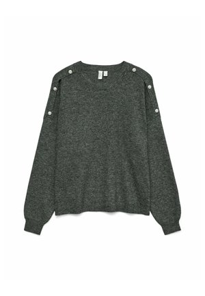 Pull gris foncé en tissu tricoté doux, doté de manches longues, d'un col rond et de boutons décoratifs sur les coutures des épaules.