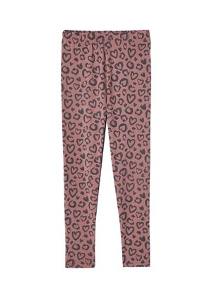 Rosa Leggings mit einem schwarzen Herz und Leopardenmuster, elastischem Bund und figurbetonendem Design. Weicher Stoff.