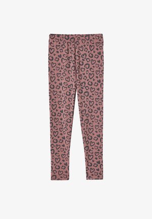 Rosa Leggings mit einem schwarzen Herz und Leopardenmuster, elastischem Bund und figurbetonendem Design. Weicher Stoff.