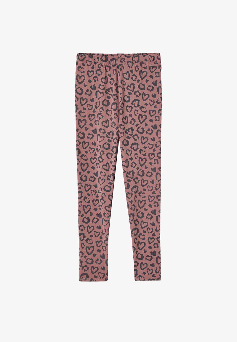 Rosa Leggings mit einem schwarzen Herz und Leopardenmuster, elastischem Bund und figurbetonendem Design. Weicher Stoff.