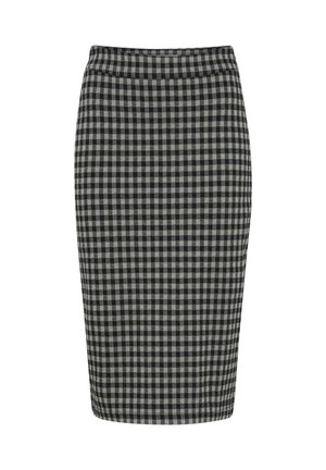 Jupe crayon à carreaux noir et gris, longueur genou, taille ajustée et silhouette droite sur fond blanc.