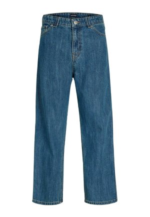 Straight-leg blauwe denim spijkerbroek met knoop- en ritssluiting, ceintuurlussen en voorzakken.
