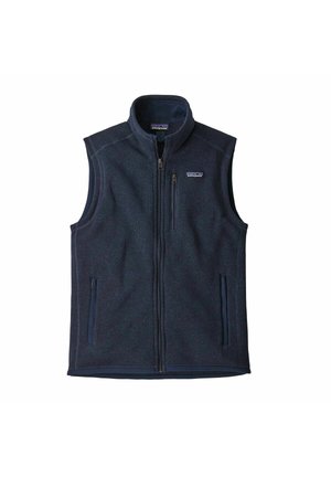 Gilet en polaire marine avec un col haut, fermeture éclair sur le devant et deux poches latérales. Il présente un tissu texturé et un logo en haut à gauche.
