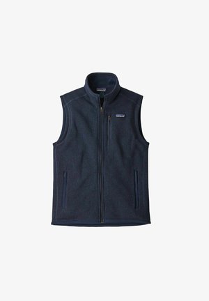Gilet in pile blu navy con colletto alto, zip frontale completa e due tasche laterali. Presenta un tessuto testurizzato e un logo sulla parte superiore sinistra.