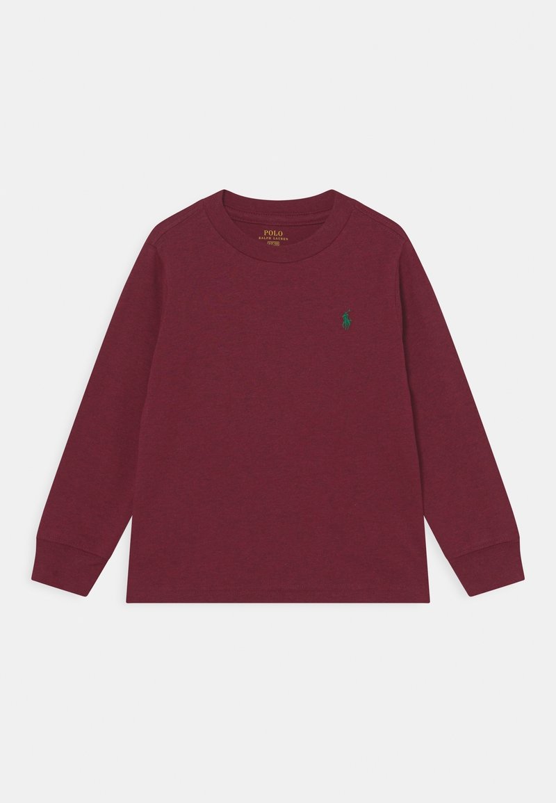 T-shirt a maniche lunghe bordeaux realizzato in cotone, con colletto a girocollo, polsini a coste e un piccolo logo verde sulla parte sinistra del petto.