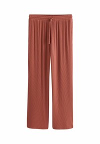 Rust-colored wide-leg pants with an elastic waistband and drawstring, made of ribbed fabric, shown flat against a white background.