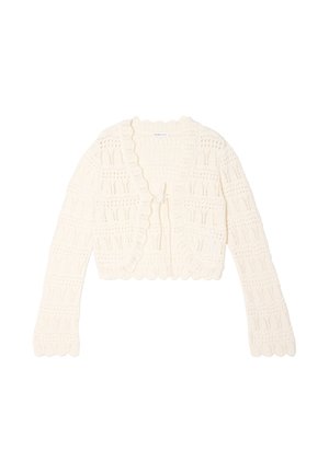 Crème-kleurige gehaakte lange mouwen cardigan met geschulpte randen en een sluiting met strik aan de voorkant, voorzien van een opengewerkt patroon.