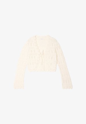 Crème-kleurige gehaakte lange mouwen cardigan met geschulpte randen en een sluiting met strik aan de voorkant, voorzien van een opengewerkt patroon.