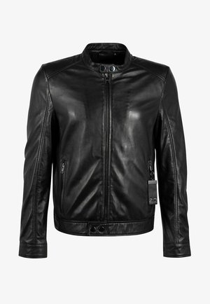 Schwarze Leder-Motorradjacke mit Stehkragen, Frontreißverschluss und zwei seitlichen Taschen. Merkmale sind eine glatte Textur und metallische Akzente.