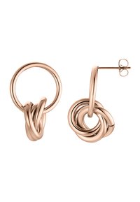 Orecchini in oro rosa con design a cerchi collegati e nodi attorcigliati, caratterizzati da una superficie metallica liscia e chiusura a perno.