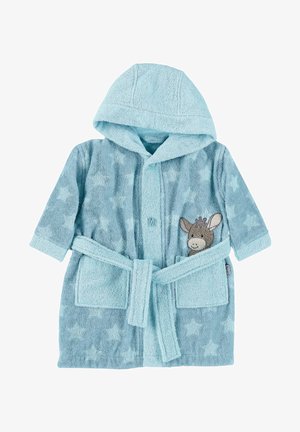 Blue hooded bathrobe made of soft terry fabric, featuring a star pattern and an embroidered donkey detail on the pocket. Includes a tie belt.