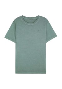 Green cotton t-shirt with a crew neckline and short sleeves. Features a small logo on the chest. Smooth texture, casual fit.