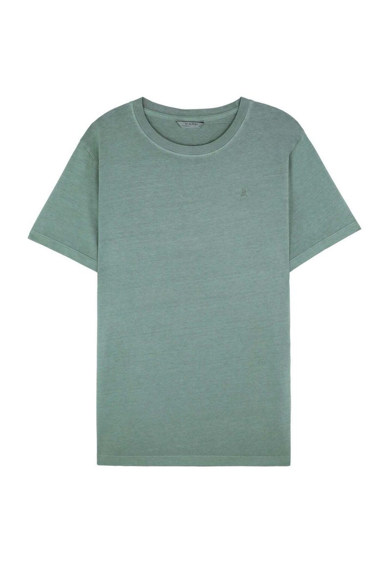 Green cotton t-shirt with a crew neckline and short sleeves. Features a small logo on the chest. Smooth texture, casual fit.