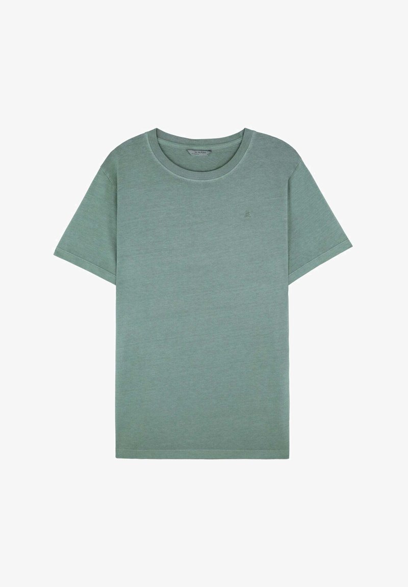 T-shirt di cotone verde con scollatura a girocollo e maniche corte. Presenta un piccolo logo sul petto. Tessuto morbido, vestibilità casual.