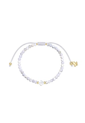 Verstelbare armband met lichtpaarse ronde kralen, een centrale doorschijnende bloemvormige kraal en gouden accenten op een wit koord.