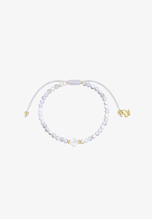 Verstellbares Armband mit hellvioletten runden Perlen, einer zentralen durchsichtigen, blumenförmigen Perle und goldenen Akzenten auf einer weißen Schnur.
