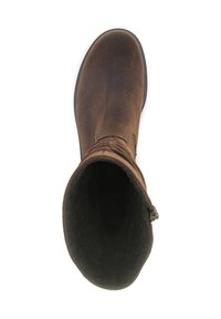 Botte de cheville en daim brun avec un bout rond et une doublure intérieure noire, vue de dessus sur un fond blanc.