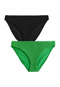 Deux paires de culottes de bikini, l'une noire avec une texture côtelée et l'autre verte avec des rayures verticales. Les deux présentent une taille mi-haute et des bords lisses.