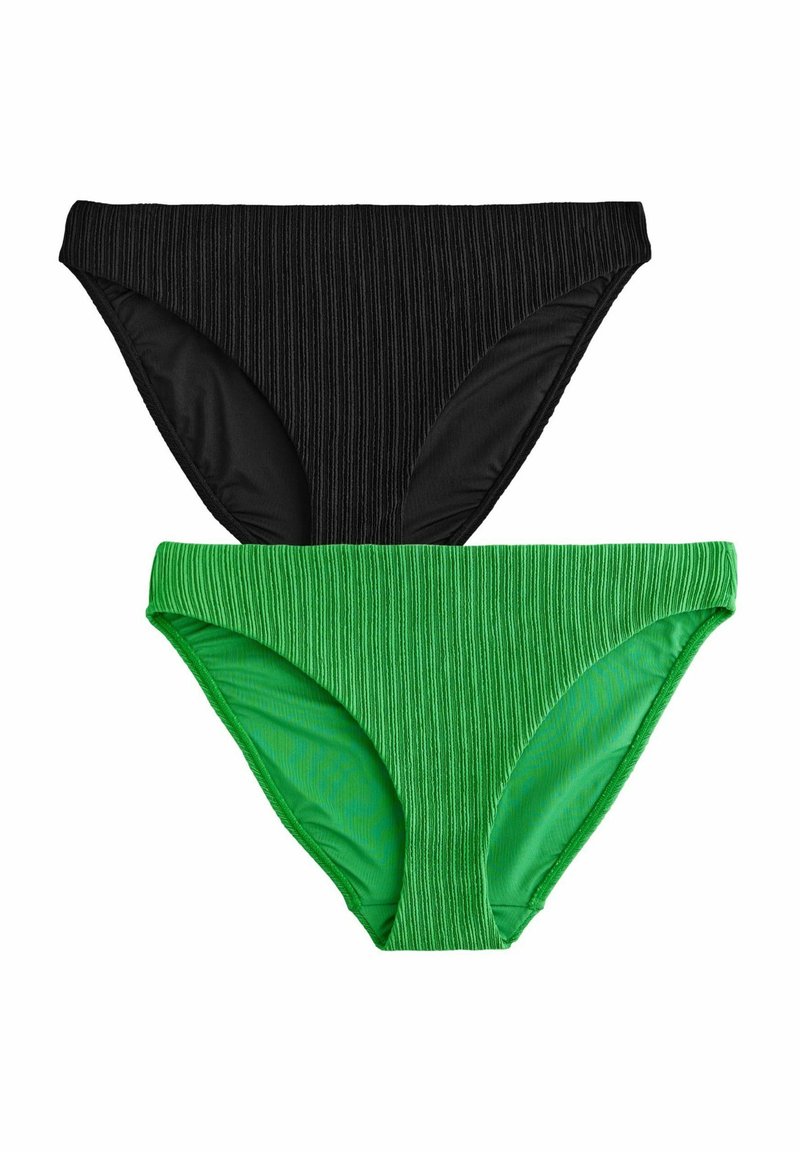 Deux paires de culottes de bikini, l'une noire avec une texture côtelée et l'autre verte avec des rayures verticales. Les deux présentent une taille mi-haute et des bords lisses.