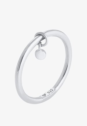 Sterling silver ring with a smooth, rounded design. Features a small disc charm attached by a loop. Hallmarked with "925" inside.