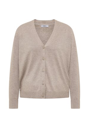 Cardigan beige de punto suave con escote en pico, que cuenta con un cierre de botones en la parte delantera y puños y dobladillo acanalados para un ajuste relajado.