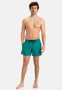 Vyriškos maudymosi šortai žalsvos spalvos audinyje, su elastinga juosmens juosta, juodu raišteliu, šoninėmis kišenėmis ir laisvo silueto.