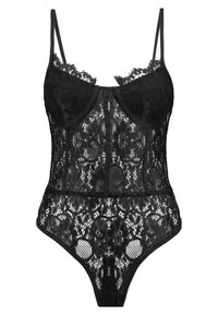 Body de encaje negro con tirantes ajustables, patrones florales y tejido elástico. Presenta un diseño ajustado y una textura transparente.