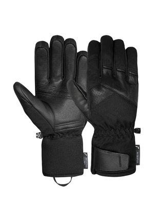 Schwarze Winterhandschuhe mit lederner Außenseite, strukturierten Fingern, elastischem Handgelenk und verstellbarem Riemen für einen sicheren Sitz.