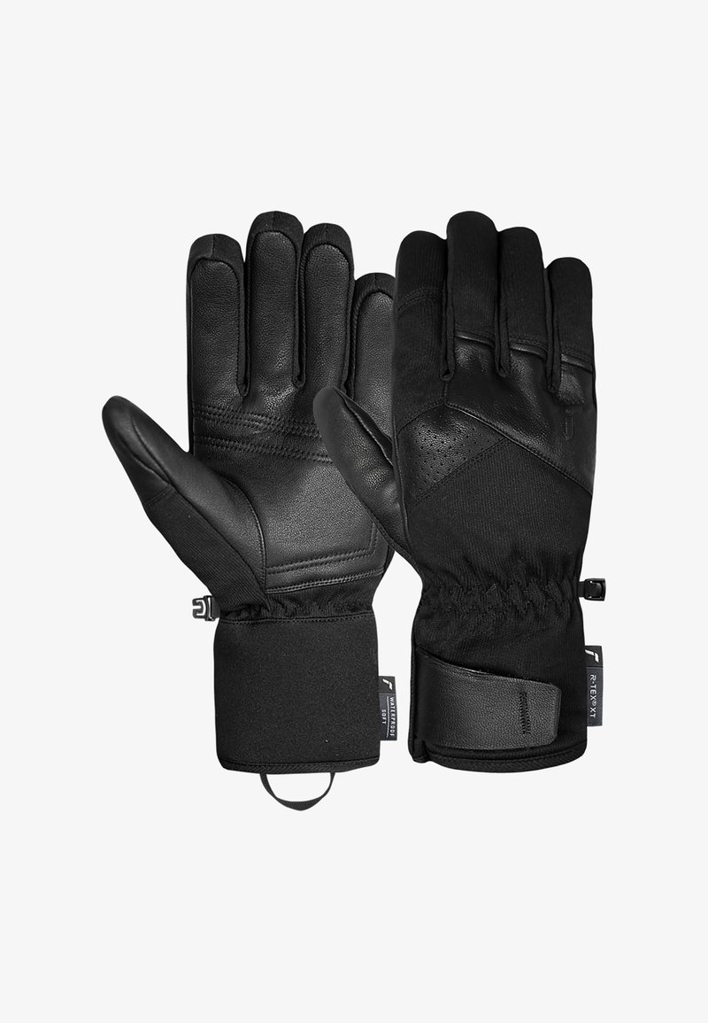 Schwarze Winterhandschuhe mit lederner Außenseite, strukturierten Fingern, elastischem Handgelenk und verstellbarem Riemen für einen sicheren Sitz.