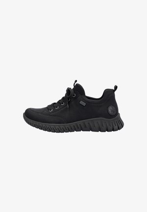 Schwarze Sneakers aus strukturiertem Synthetikmaterial mit runder Zehenpartie, Schnürverschluss und einer flexiblen Gummisohle mit einem auffälligen Profil.
