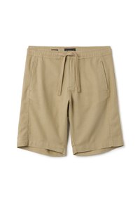 Shorts en coton marron clair avec une taille élastique et un cordon de serrage, dotés de deux poches latérales et d'une coupe décontractée.