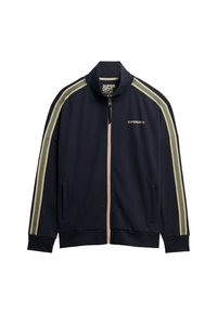 Marineblauw trainingsjack met ritssluiting aan de voorkant, hoge kraag, crèmekleurige en olijfgroene strepen op de schouders en mouwen, twee zijzakken, logo op de borst.